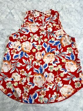 Vintage RENEE C. Sz L Blue Red Flower Sleeveless Top Keyhole Back Boho Chic USA